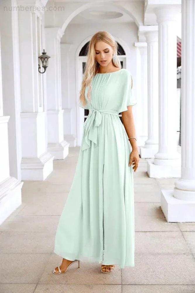 Ladies Chiffon Sleeve Crew Neck Front Slit Floor Length Bridesmaid Evening Dress Wedding Party Evening Dress 28124 by numbersea