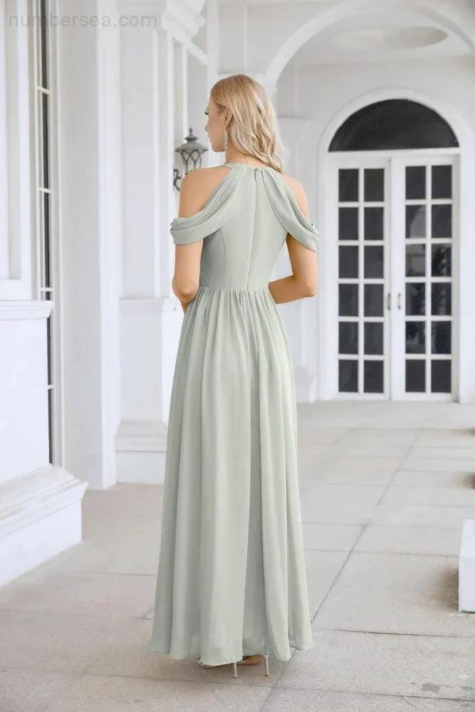 Ladies Chiffon Off Shoulder Swing Sleeve Front Slit Bridesmaid Evening Dress Wedding Party Evening Dress 28117 by numbersea