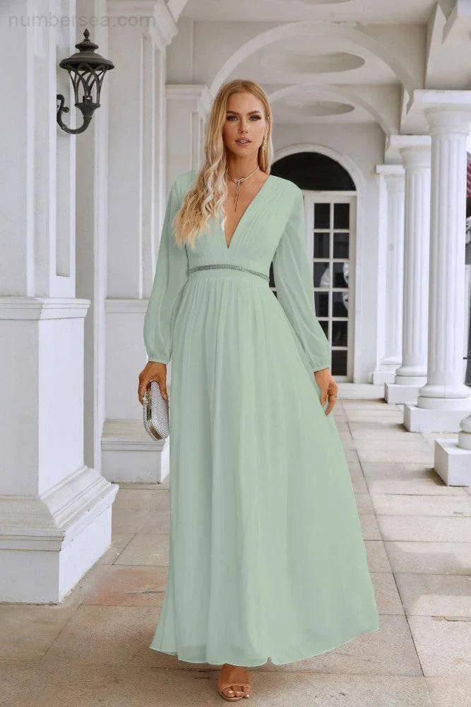 Ladies V Neck Chiffon Long Sleeve Front Slit Bridesmaid Evening Dress Wedding Party Shopping Evening Dress 28109 by numbersea