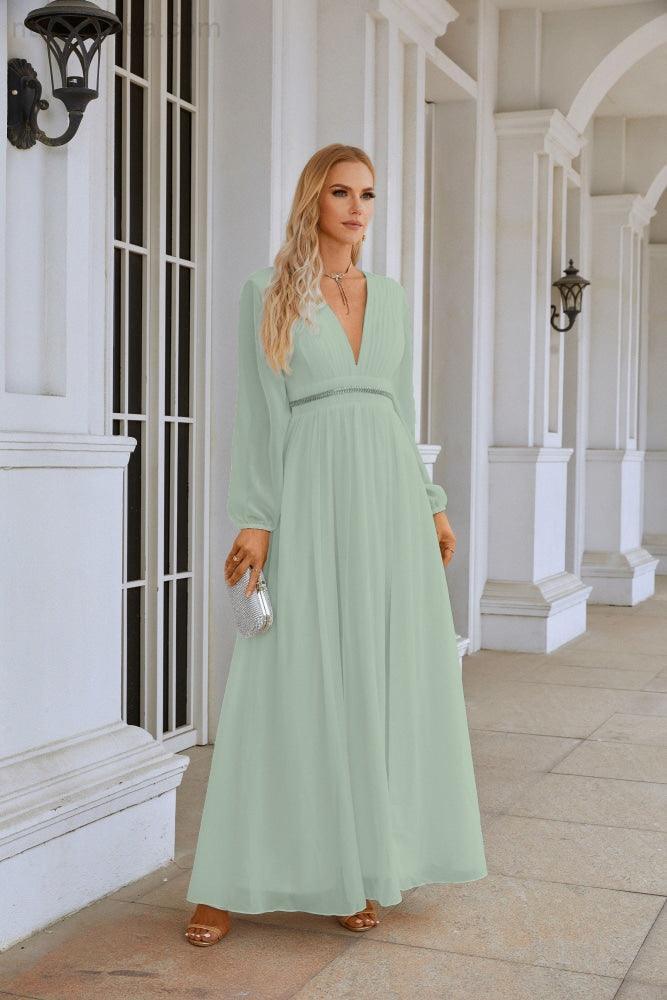 Ladies V Neck Chiffon Long Sleeve Front Slit Bridesmaid Evening Dress Wedding Party Shopping Evening Dress 28109 by numbersea