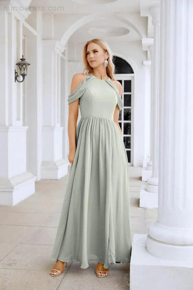 Ladies Chiffon Off Shoulder Swing Sleeve Front Slit Bridesmaid Evening Dress Wedding Party Evening Dress 28117 by numbersea