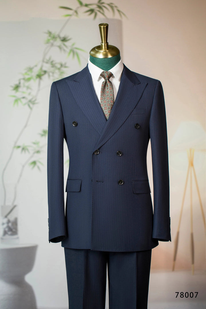 Double-Breasted Pinstripe Navy Wool Suit | Tailored Formal Groom &amp; Business Suit by 男装
