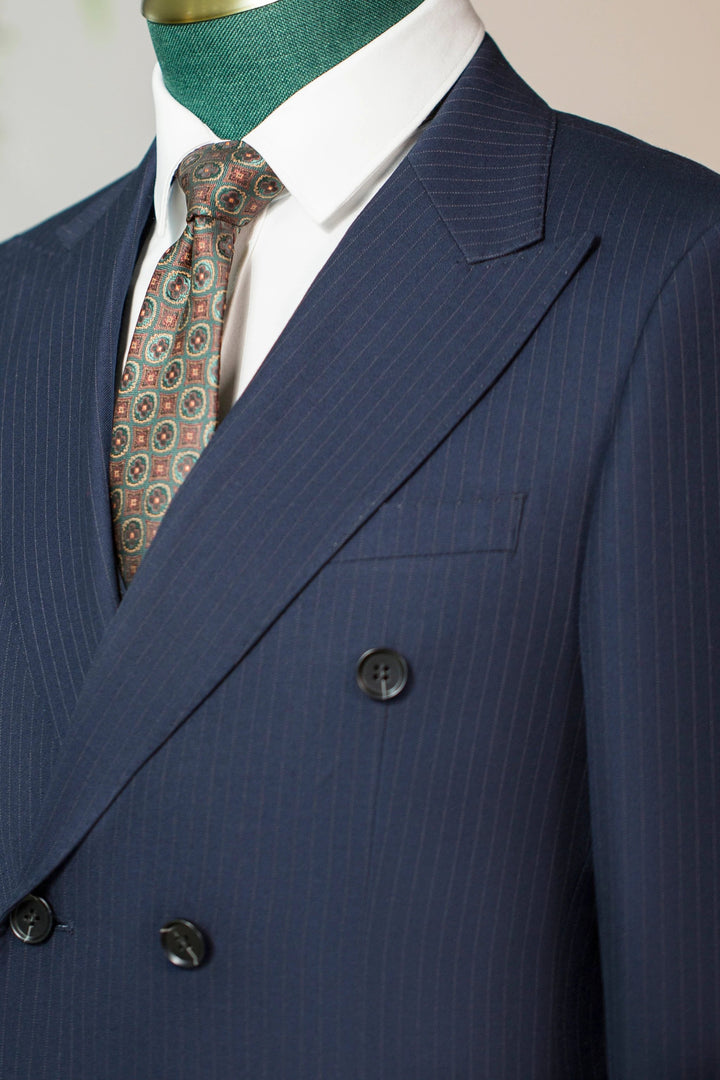 Double-Breasted Pinstripe Navy Wool Suit | Tailored Formal Groom &amp; Business Suit by 男装