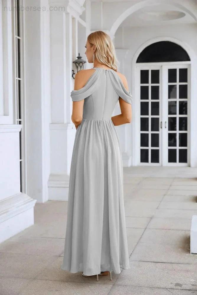 Ladies Chiffon Off Shoulder Swing Sleeve Front Slit Bridesmaid Evening Dress Wedding Party Evening Dress 28117 by numbersea