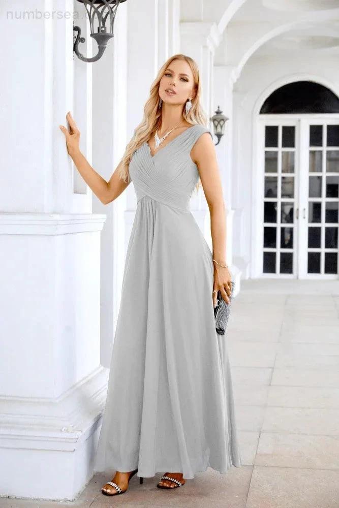 Ladies Chiffon V Neck Sleeveless Floor Length Bridesmaid Evening Dress Wedding Party Evening Dress 28126 by numbersea