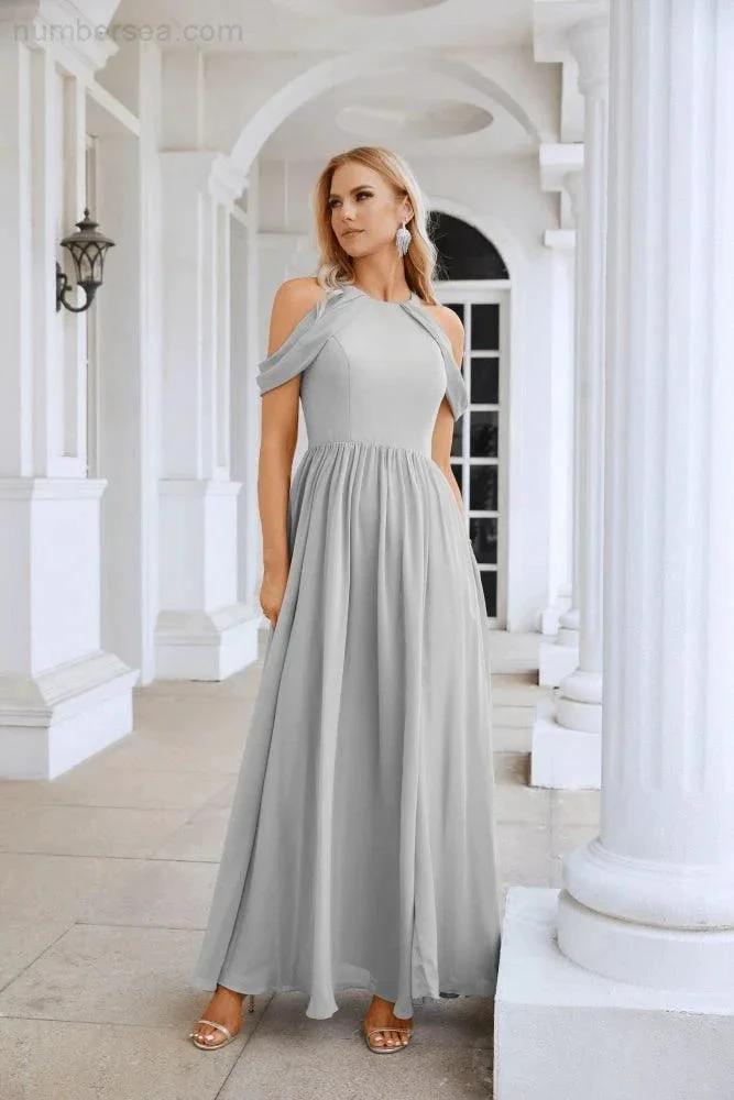 Ladies Chiffon Off Shoulder Swing Sleeve Front Slit Bridesmaid Evening Dress Wedding Party Evening Dress 28117 by numbersea