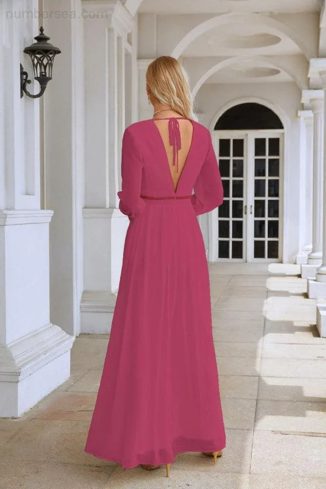 Ladies V Neck Chiffon Long Sleeve Front Slit Bridesmaid Evening Dress Wedding Party Shopping Evening Dress 28109 by numbersea