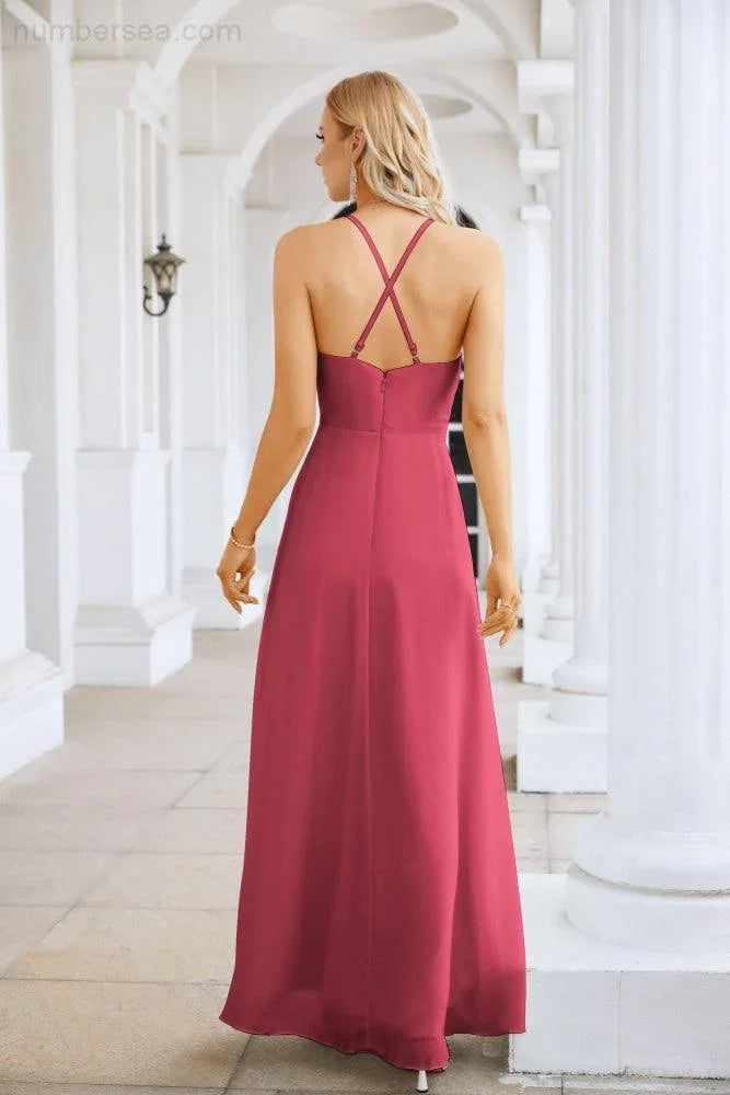 Vestido de noche de gasa con tirantes finos, escote en V, abertura frontal y largo hasta el suelo para dama de honor, fiesta de graduación, boda, 28116 