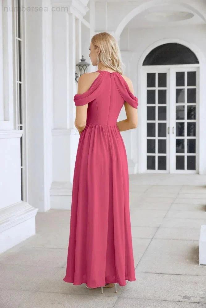 Ladies Chiffon Off Shoulder Swing Sleeve Front Slit Bridesmaid Evening Dress Wedding Party Evening Dress 28117 by numbersea