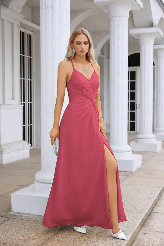 Vestido de noche de gasa con tirantes finos, escote en V, abertura frontal y largo hasta el suelo para dama de honor, fiesta de graduación, boda, 28116 