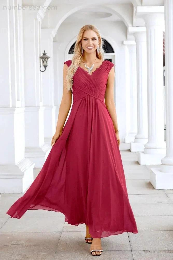 Ladies Chiffon V Neck Sleeveless Floor Length Bridesmaid Evening Dress Wedding Party Evening Dress 28126 by numbersea