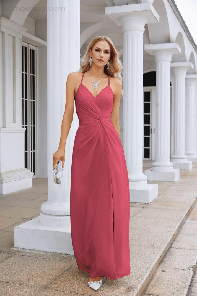 Vestido de noche de gasa con tirantes finos, escote en V, abertura frontal y largo hasta el suelo para dama de honor, fiesta de graduación, boda, 28116 