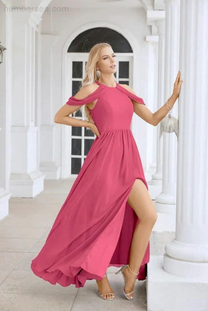 Ladies Chiffon Off Shoulder Swing Sleeve Front Slit Bridesmaid Evening Dress Wedding Party Evening Dress 28117 by numbersea