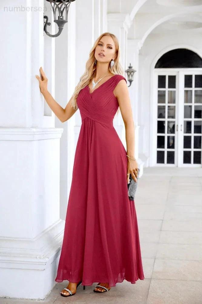 Ladies Chiffon V Neck Sleeveless Floor Length Bridesmaid Evening Dress Wedding Party Evening Dress 28126 by numbersea
