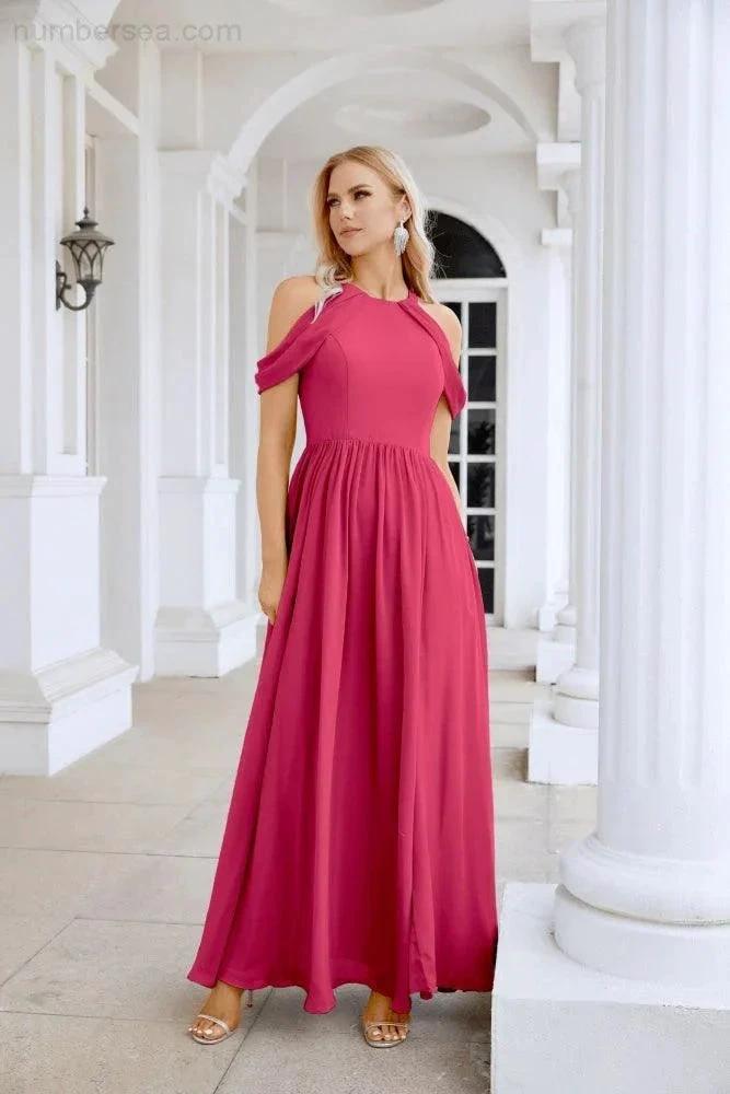 Ladies Chiffon Off Shoulder Swing Sleeve Front Slit Bridesmaid Evening Dress Wedding Party Evening Dress 28117 by numbersea