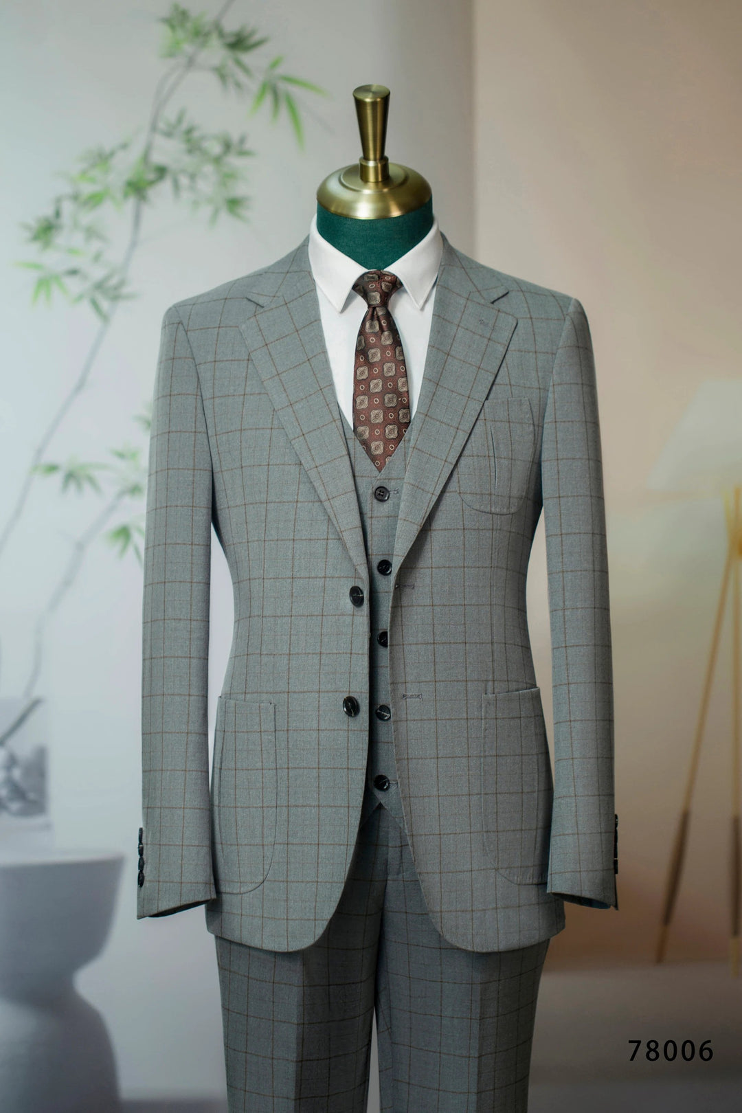Three-Piece Windowpane Check Wool Suit | Tailored Formal Groom &amp; Business Suit by 男装