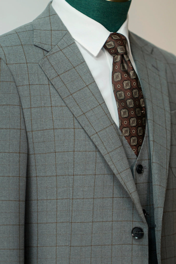 Three-Piece Windowpane Check Wool Suit | Tailored Formal Groom &amp; Business Suit by 男装