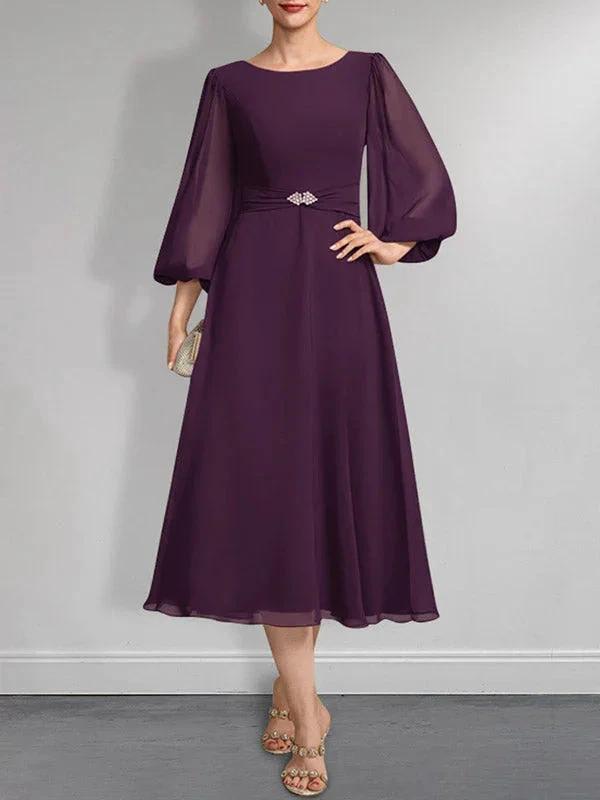 A-line Scoop Tea-Length Chiffon Mother of the Bride Dress With Crystal Brooch Pleated by Dreamylily