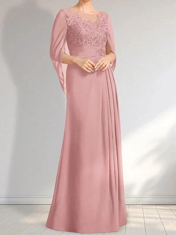 A-line Scoop Illusion Floor-Length Lace Chiffon Mother of the Bride Dress With Pleated Sequins by Dreamylily