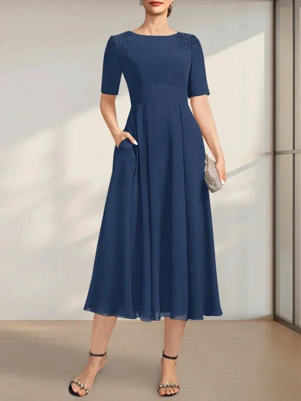 A-line Scoop Tea-Length Chiffon Mother of the Bride Dress With Appliques Lace Sequins by Dreamylily