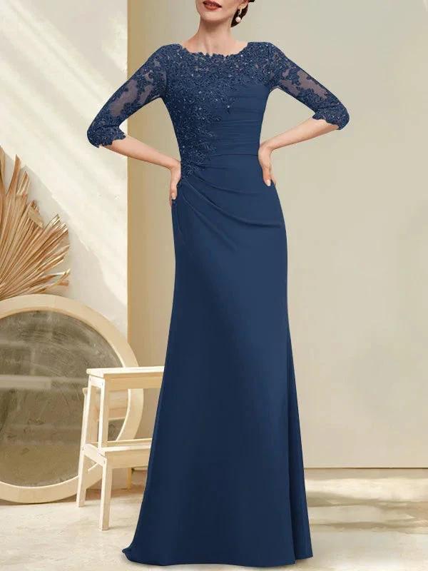 A-line Scoop Floor-Length Chiffon Lace Mother of the Bride Dress With Beading Pleated Sequins by Dreamylily