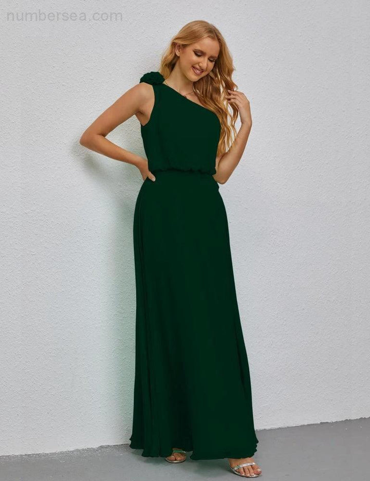 Ruffled One Shoulder Sleeveless Long Bridesmaid Dresses A-line Formal Evening Gown Side Split 28080 by numbersea