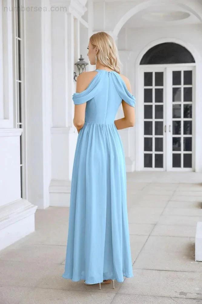 Ladies Chiffon Off Shoulder Swing Sleeve Front Slit Bridesmaid Evening Dress Wedding Party Evening Dress 28117 by numbersea