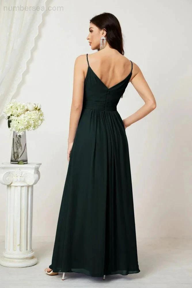 Numbersea Chiffon V-Neck Bridesmaid Dress Spaghetti Strap Long Formal Party Prom Gowns with Slit 28010 by numbersea