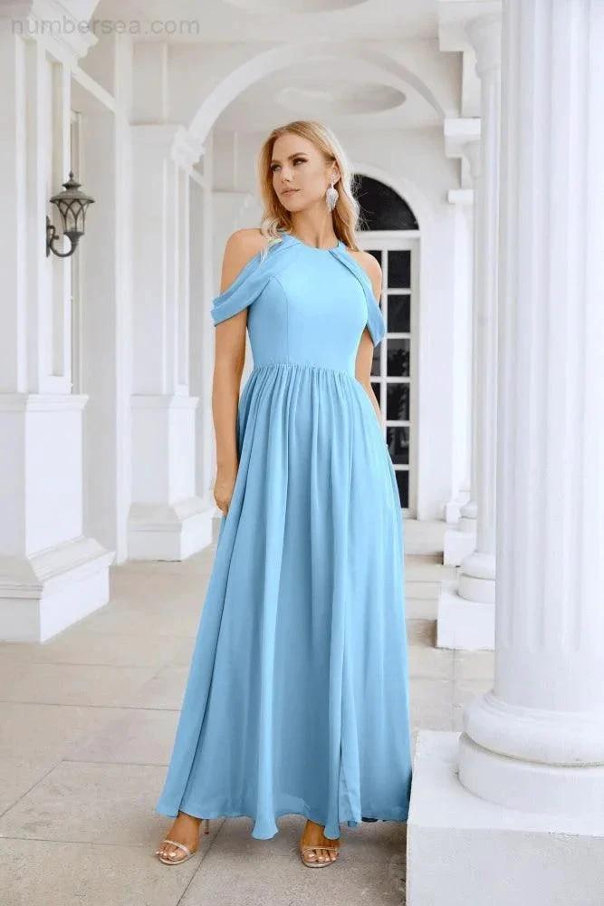 Ladies Chiffon Off Shoulder Swing Sleeve Front Slit Bridesmaid Evening Dress Wedding Party Evening Dress 28117 by numbersea