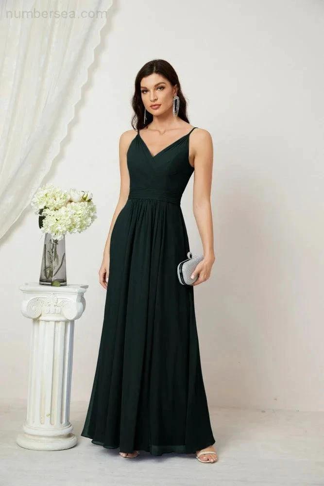 Numbersea Chiffon V-Neck Bridesmaid Dress Spaghetti Strap Long Formal Party Prom Gowns with Slit 28010 by numbersea