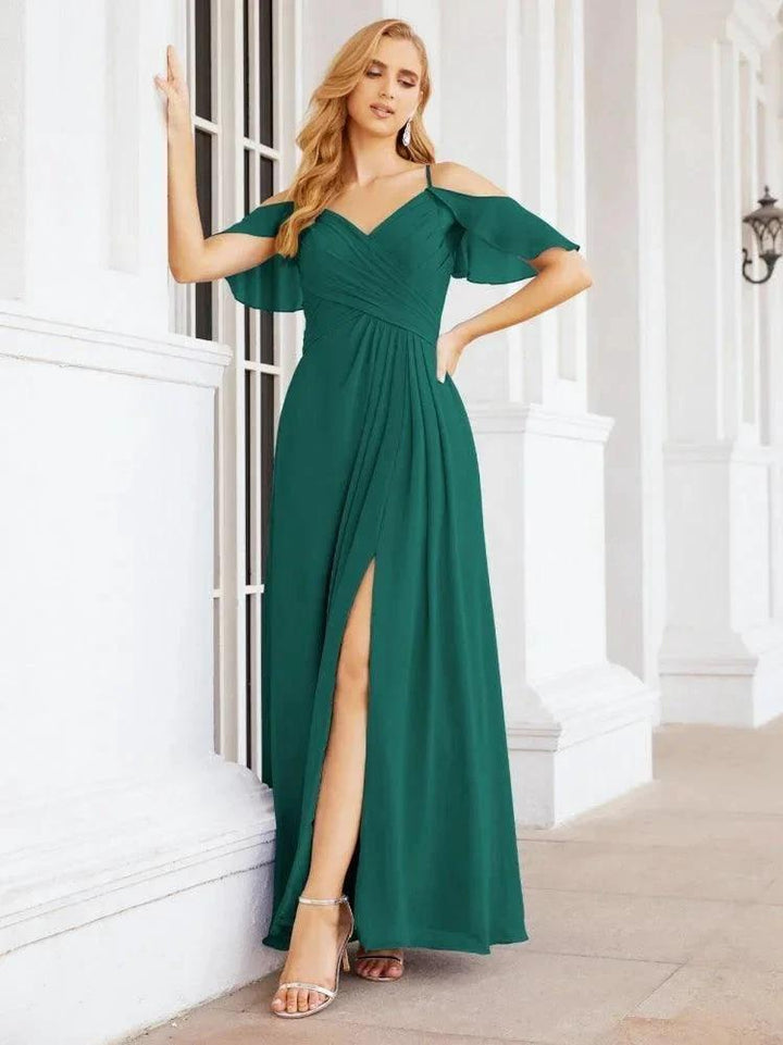 Numbersea Cold Shoulder Long Bridesmaid Dresses Side Slit Formal Prom Gowns Party Wedding 28070 by numbersea