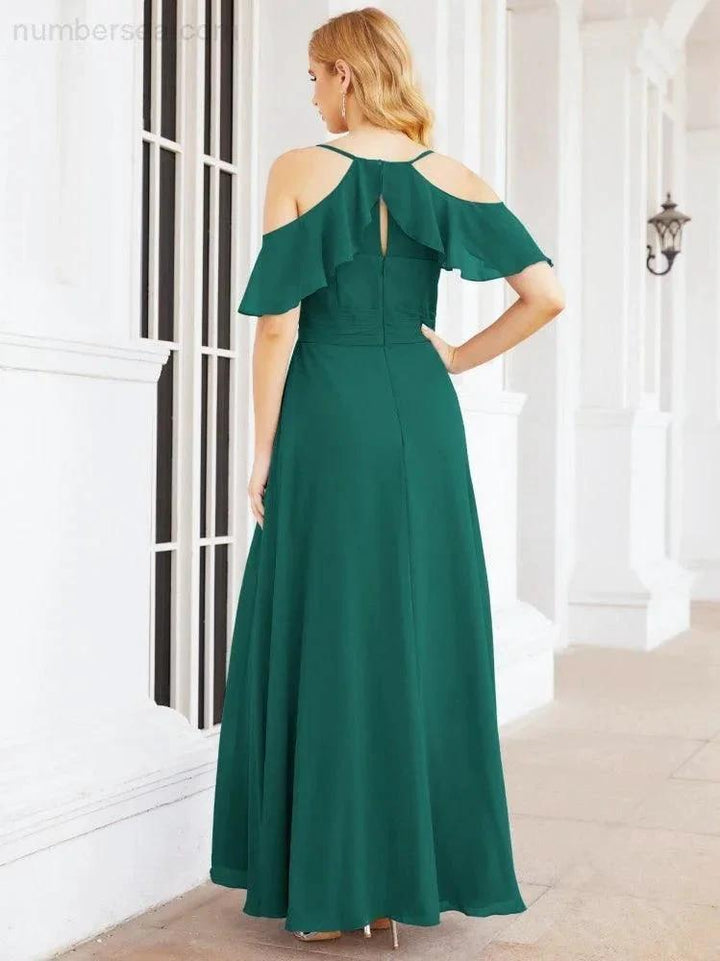Numbersea Cold Shoulder Long Bridesmaid Dresses Side Slit Formal Prom Gowns Party Wedding 28070 by numbersea