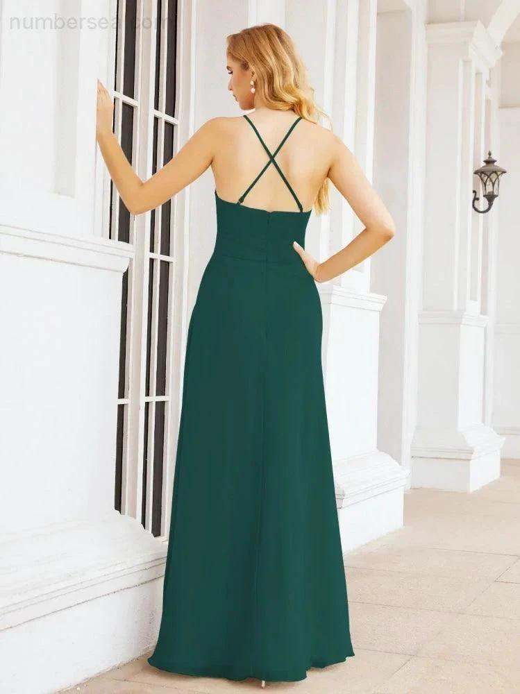 Numbersea Halter Bridesmaid Dresses with Pockets Sleeveless Formal Evening Party Prom Gowns 28055 by numbersea