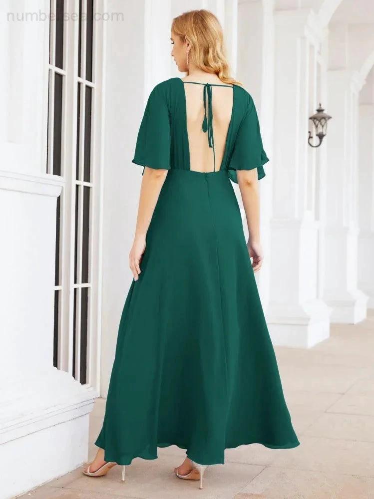 Numbersea V-Neck Bridesmaid Dress Chiffon Long Open Back Formal Dresses for Women Party Evening 28067 by numbersea