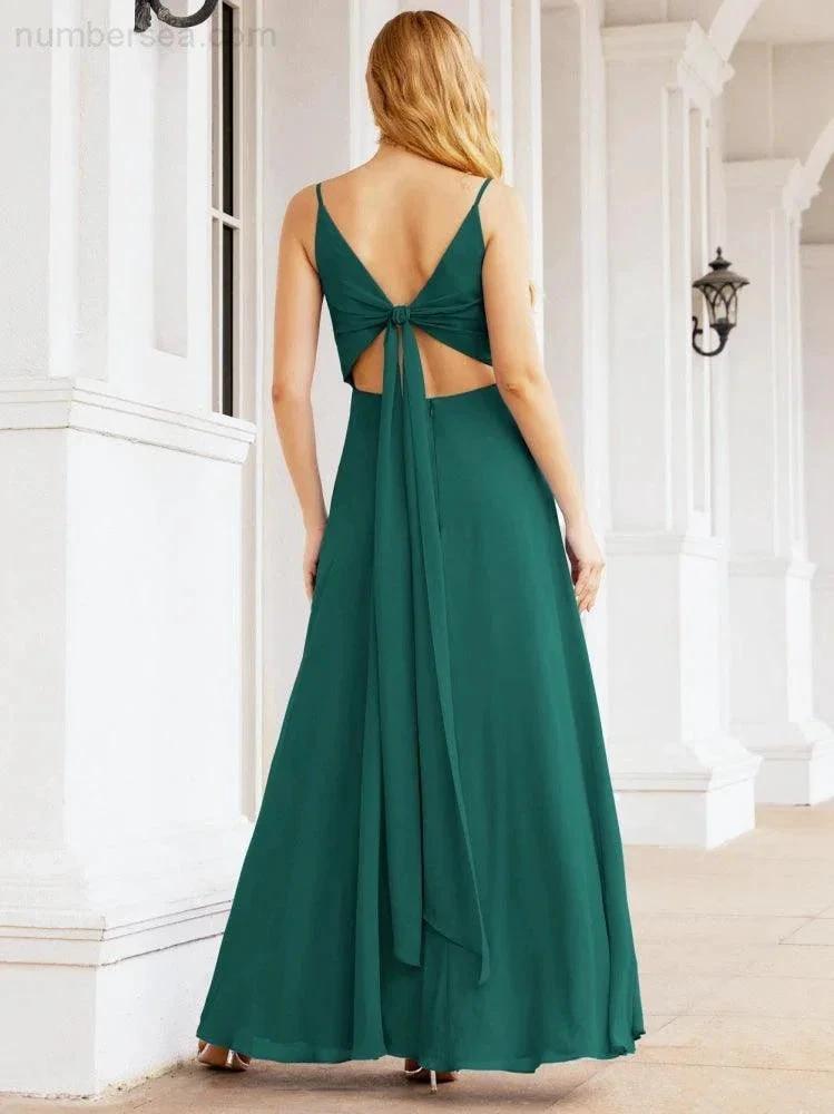 Numbersea Spaghetti Strap Bridesmaid Dresses V Neck Butterfly Back Fromal Evening Party Prom Gown 28036 by numbersea
