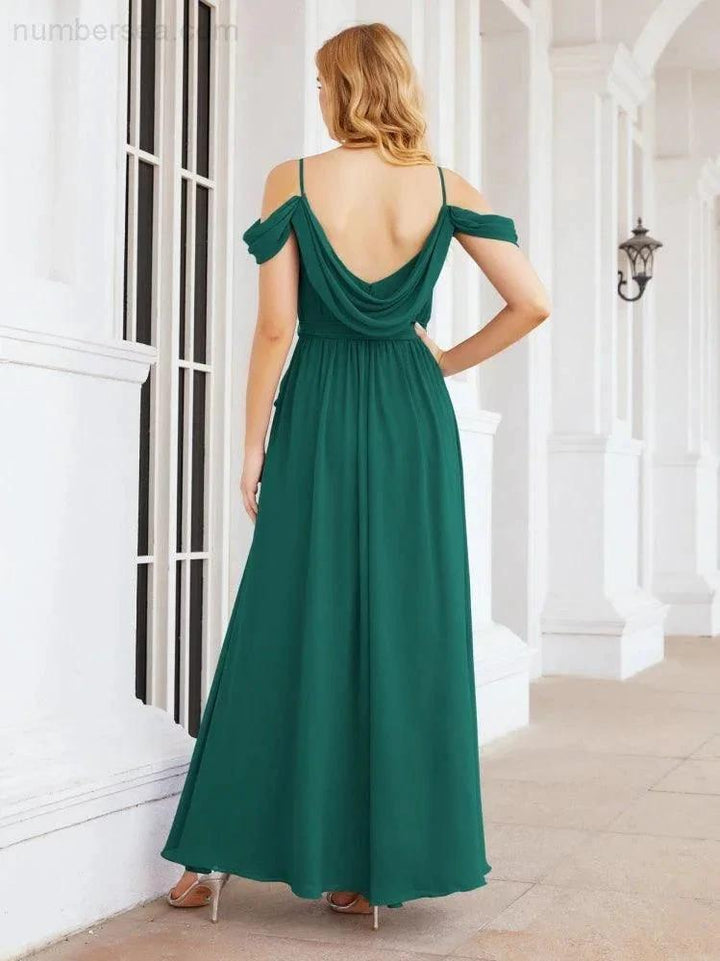 Numbersea Off The Shoulder Chiffon Bridesmaid Dress Long Formal Graduation Gown with Cowl Back 28069 by numbersea