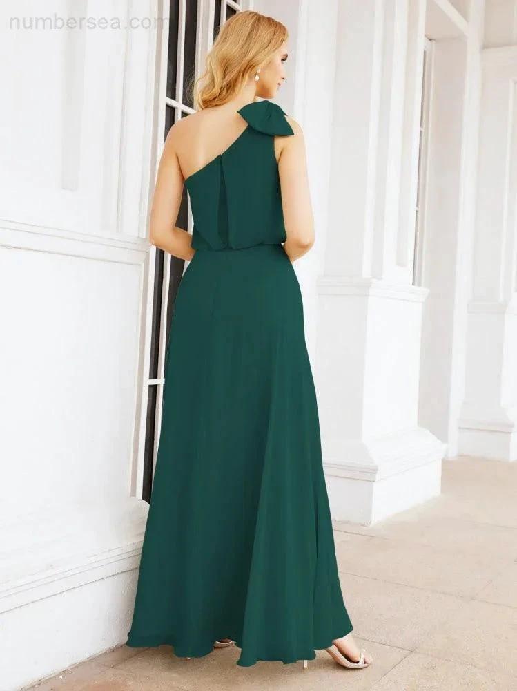 Numbersea Chiffon Ruffled One Shoulder Sleeveless Long Bride Dresses A-line Formal Evening Gown Side Split 28057 by numbersea