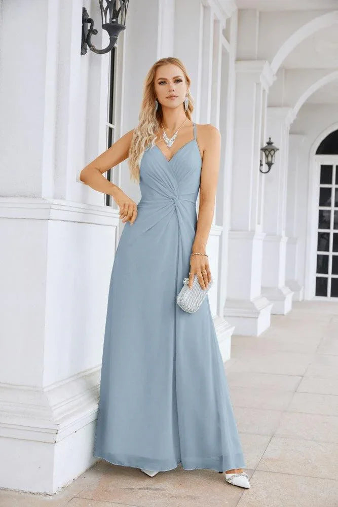 Vestido de noche de gasa con tirantes finos, escote en V, abertura frontal y largo hasta el suelo para dama de honor, fiesta de graduación, boda, 28116 