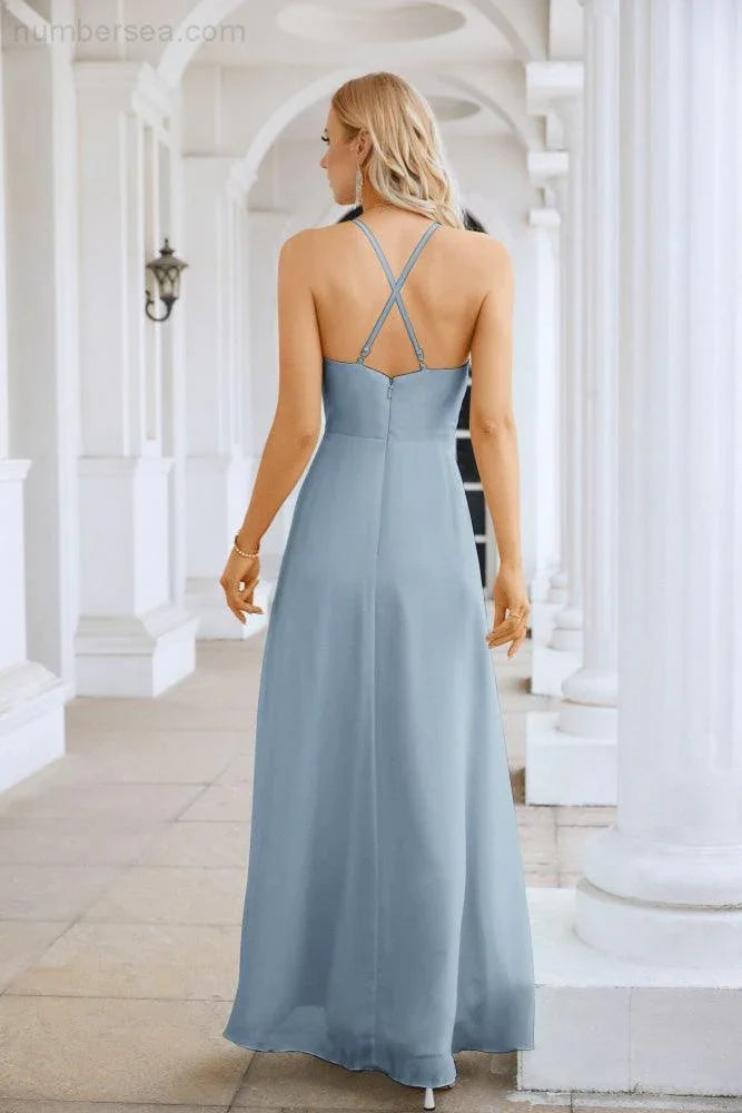 Vestido de noche de gasa con tirantes finos, escote en V, abertura frontal y largo hasta el suelo para dama de honor, fiesta de graduación, boda, 28116 