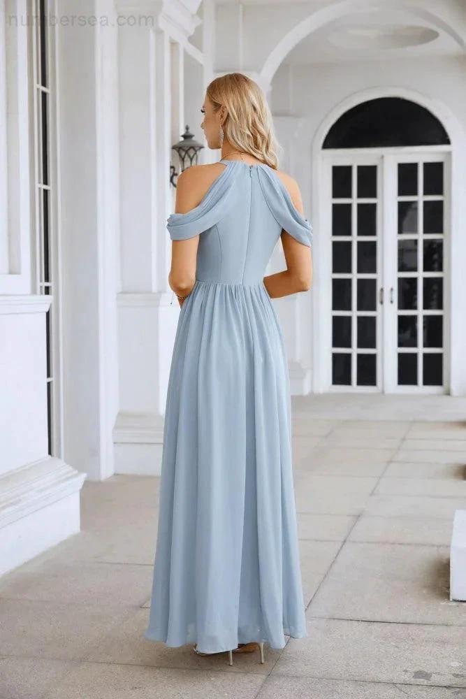 Ladies Chiffon Off Shoulder Swing Sleeve Front Slit Bridesmaid Evening Dress Wedding Party Evening Dress 28117 by numbersea