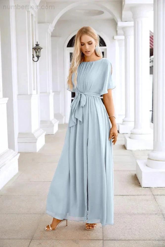 Ladies Chiffon Sleeve Crew Neck Front Slit Floor Length Bridesmaid Evening Dress Wedding Party Evening Dress 28124 by numbersea