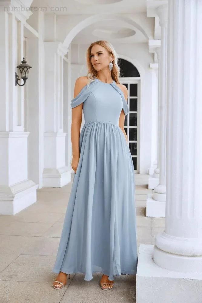Ladies Chiffon Off Shoulder Swing Sleeve Front Slit Bridesmaid Evening Dress Wedding Party Evening Dress 28117 by numbersea