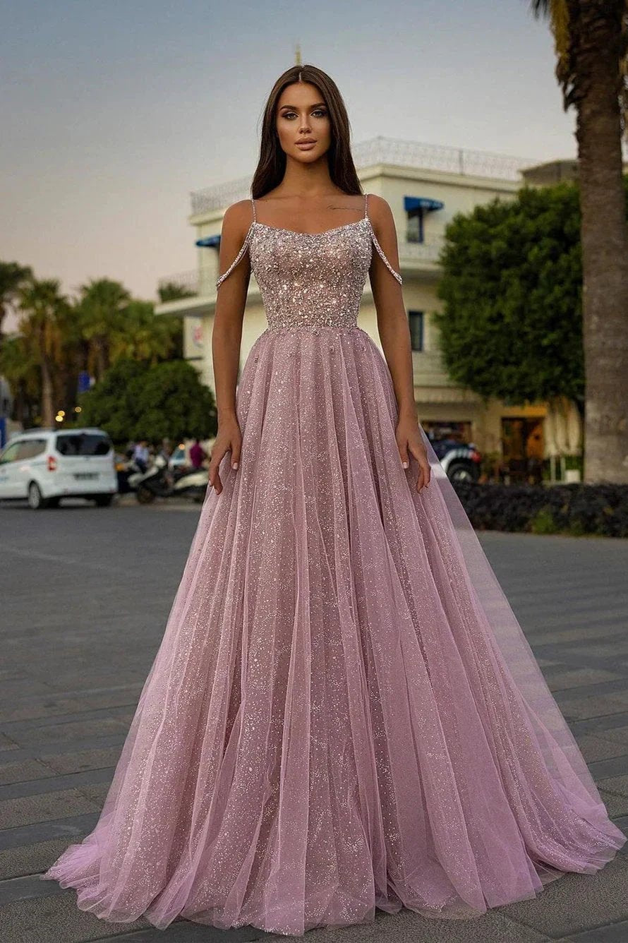 Pink Tulle Spaghetti Straps A-Line Long Prom Dress With Sequins Beads by BIZTUNNEL