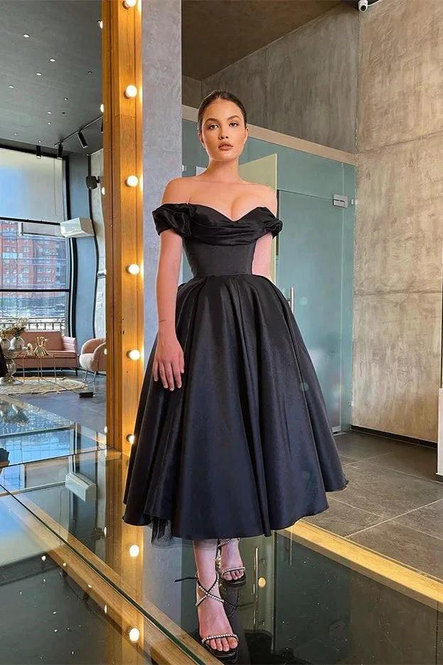 A-line Sleek and Stunning Off-the-Shoulder Black Prom Dress with Ruffle by BIZTUNNEL