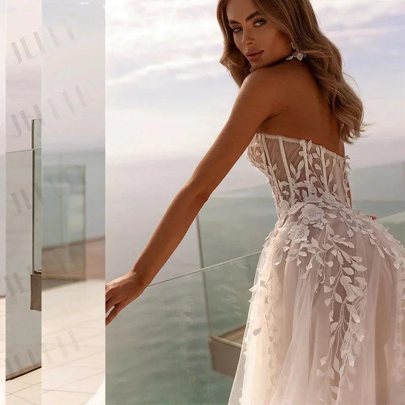 Fashion Strapless 3D Flower Lace Applique Wedding Dresses Sweep Train Custom Bridal Grown Vestido De Noival by payinti