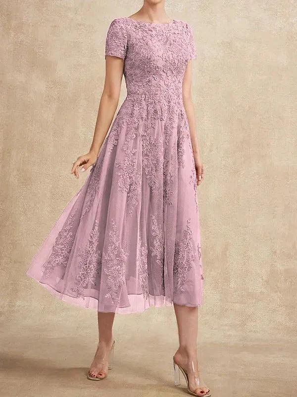 A-line Scoop Tea-Length Tulle Lace Mother of the Bride Dress by Dreamylily