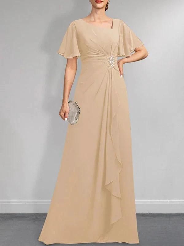 A-line Asymmetrical Floor-Length Chiffon Mother of the Bride Dress With Pleated Beading Sequins by Dreamylily