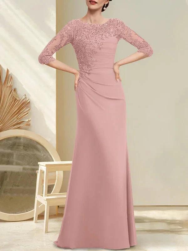 A-line Scoop Floor-Length Chiffon Lace Mother of the Bride Dress With Beading Pleated Sequins by Dreamylily