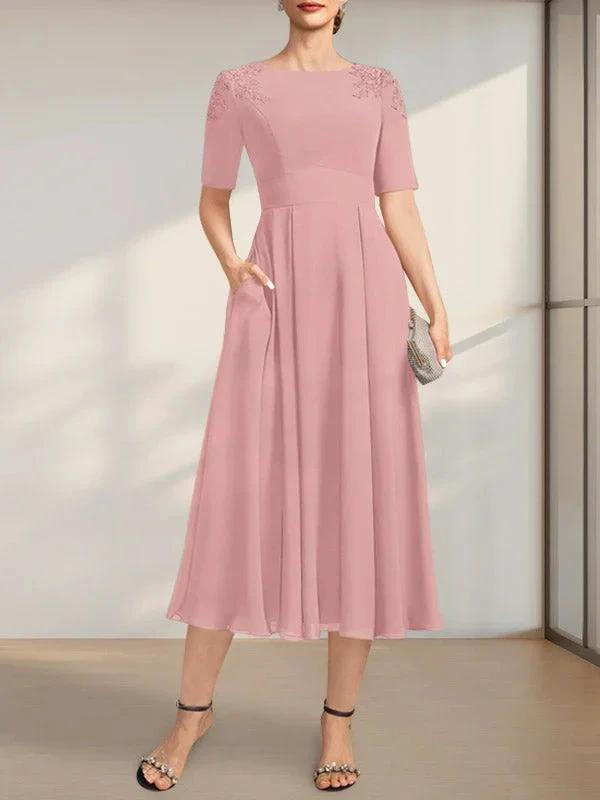 A-line Scoop Tea-Length Chiffon Mother of the Bride Dress With Appliques Lace Sequins by Dreamylily