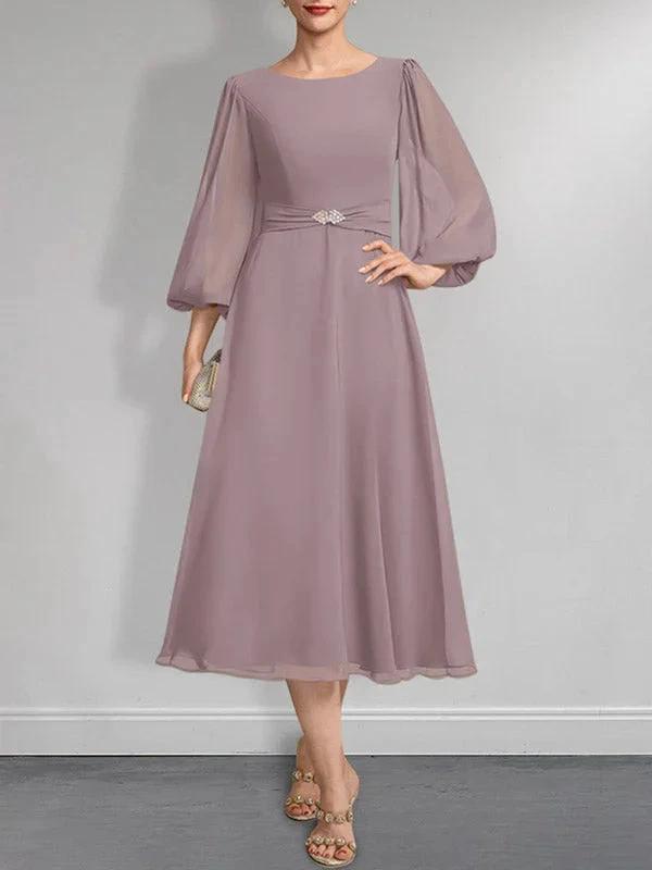 A-line Scoop Tea-Length Chiffon Mother of the Bride Dress With Crystal Brooch Pleated by Dreamylily